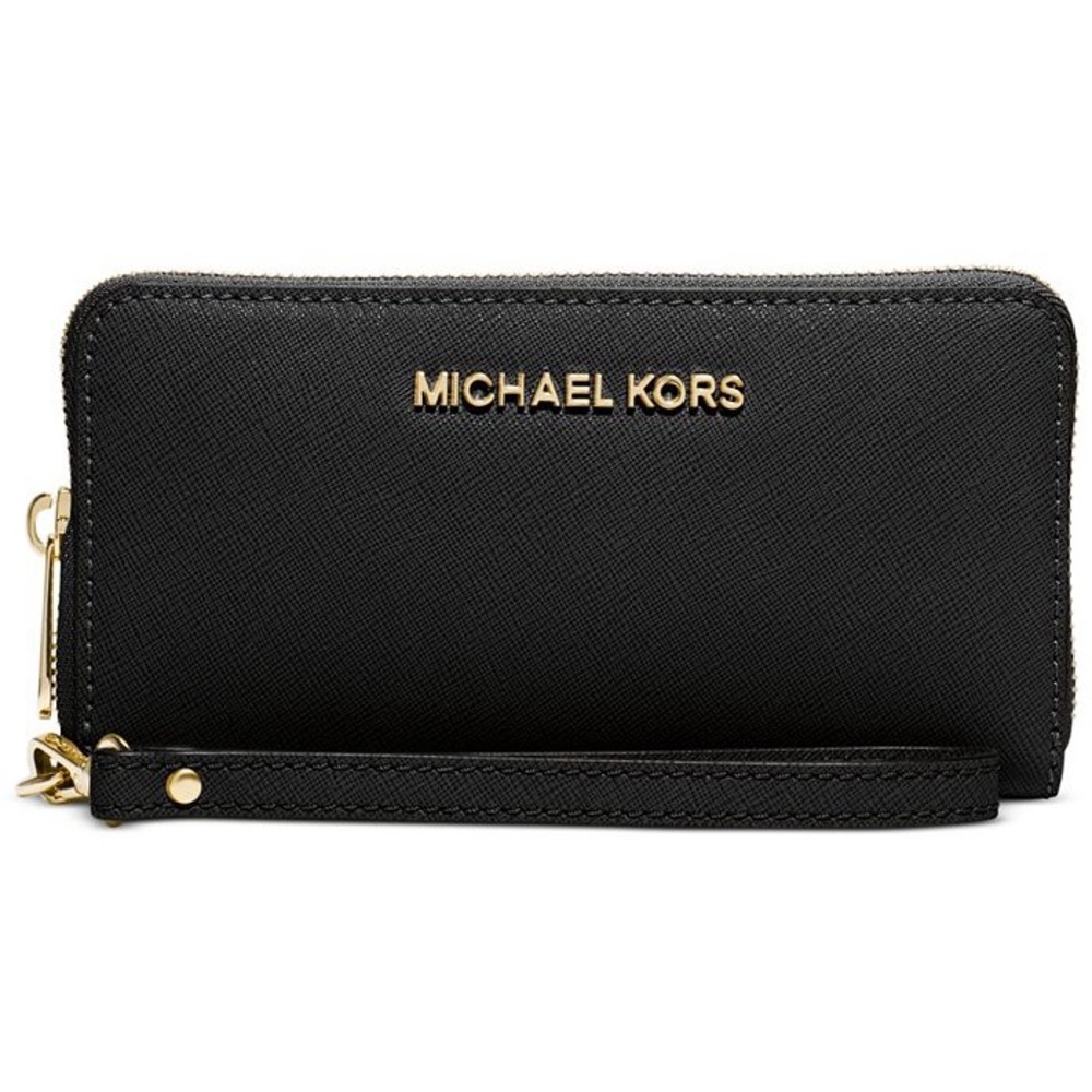 NWOT Michael Kors - Jet Set Tech Wallet Wrislet, Black Saffiano Leather + Gold